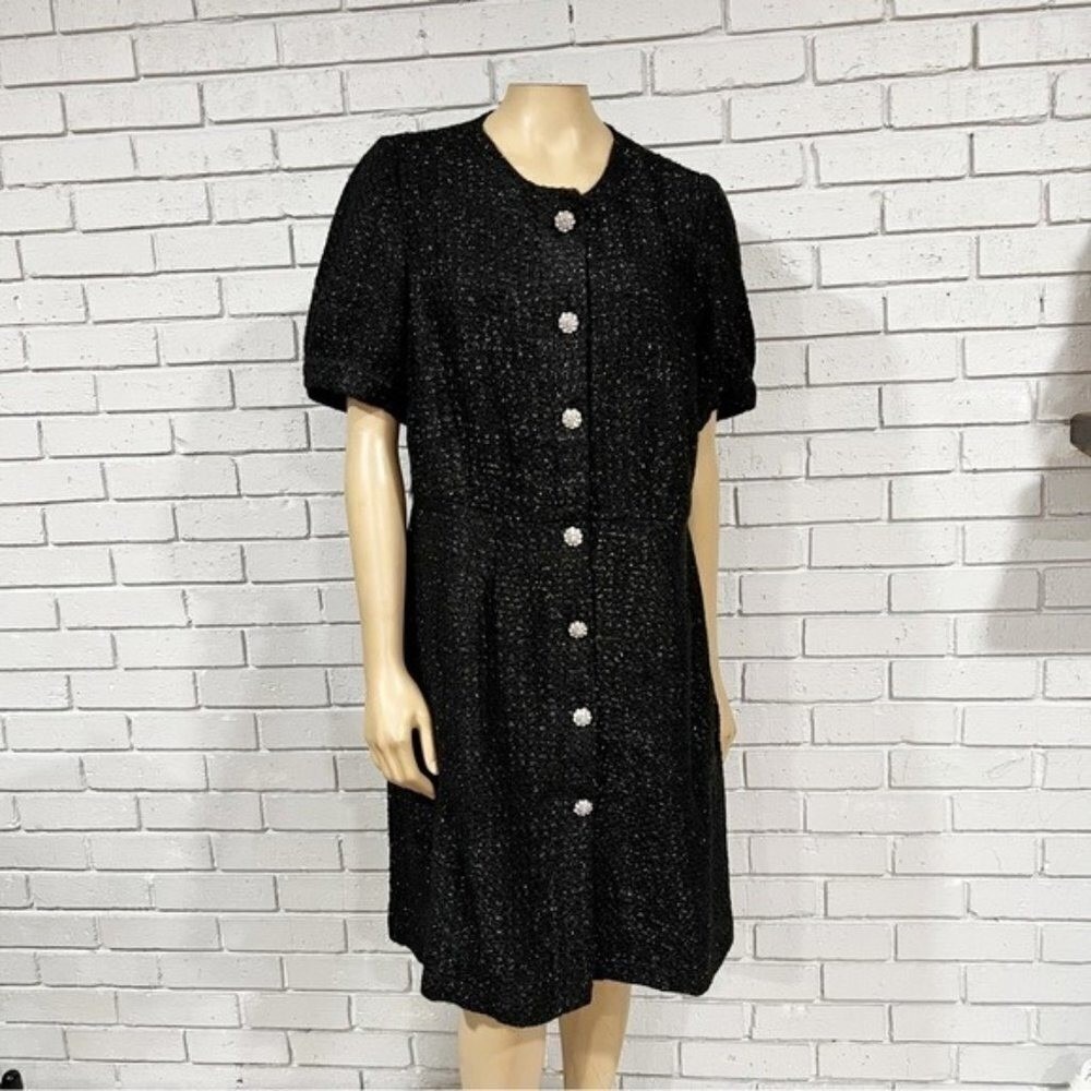 Boden Black Tweed Button Front Puff Sleeve Mini Dress Old Money 10 NWT